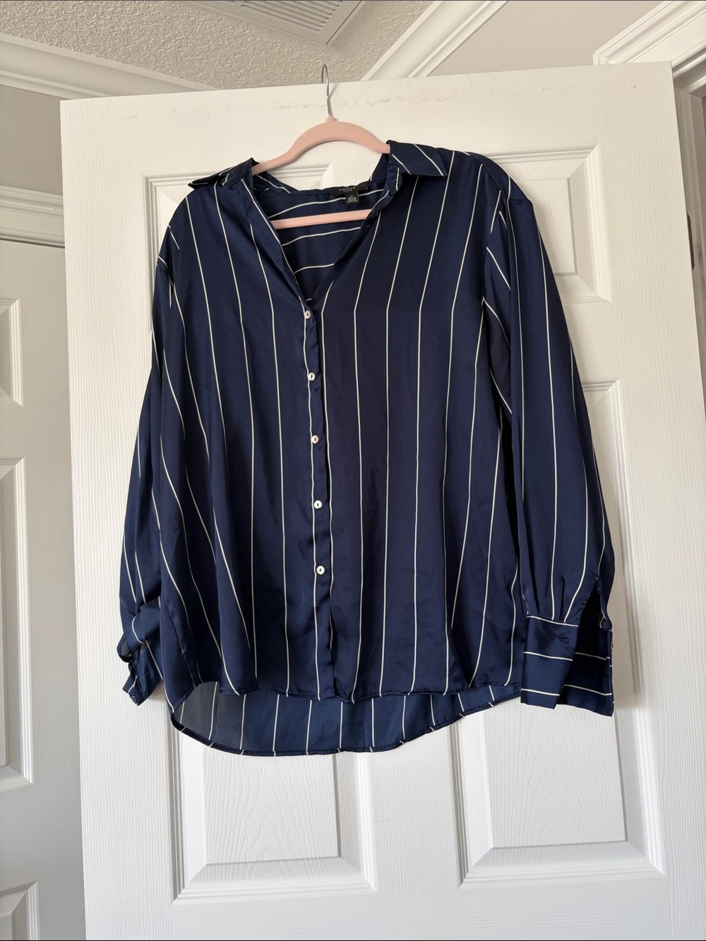Navy Vertical Stripe Button-Up Blouse
